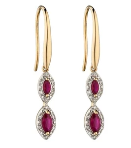 Ruby And Diamond Marquise Earrings 9ct Yellow Gold 375 Hallmark British Made - Picture 1 of 4
