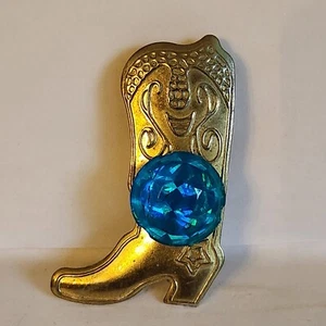 Gold Toned Western Boot Brooch with Blue Plastic Adornment - Picture 1 of 6