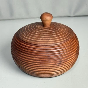 Vintage Mid-Century Modern Turned Wood Lidded Bowl Canister Ribbed Design - Picture 1 of 13