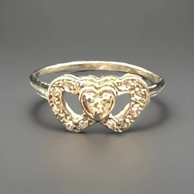 14k Solid White Gold Diamond Double Open Heart Ring Size 6.25, 2.1g - Image 1 of 4