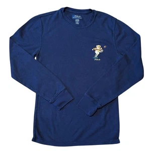 Polo Ralph Lauren LS Polo Bear w/Football Waffle Knit Shirt, Blue, Size Sm. - Picture 1 of 3