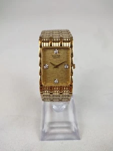 Bulova Quartz 24kt Gold Plated Diamond Dial Men's Rectangle Dress Watch - Works - Picture 1 of 10