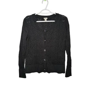 LL Bean Black Chevron Knit Button Front Cardigan Sweater Womens Medium Teacher - Picture 1 of 8