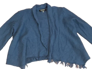 KASPER 100 % WOLLE FRANSEN DRAPIERT VORNE OFFEN CARDIGAN L. (44"Brustumfang) BLAU - Bild 1 von 6