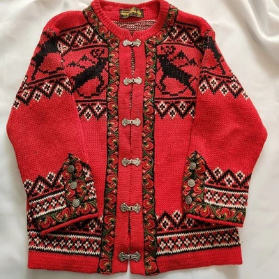 Nordstrikk чисто шерсти красный кардиган свитер северный олень Норвегия размер 44 женщин 50 мужчин - Изображение 1 из 4