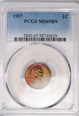 1957 TONED Lincoln Wheat Cent PCGS MS65BN MS 65 BN Toning Coin SEE VIDEO 1C - Image 1 of 4