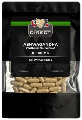 AW SUPPLEMENTS DIRECT Ashwaganda 10,000mg, 5%withanolides,60 Capsules, No Fillers Or Binders