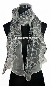 Sexy Double Layer Handmade Crinkled 100% Silk LEOPARD Scarf Wrap, Black/Gray - Picture 1 of 4