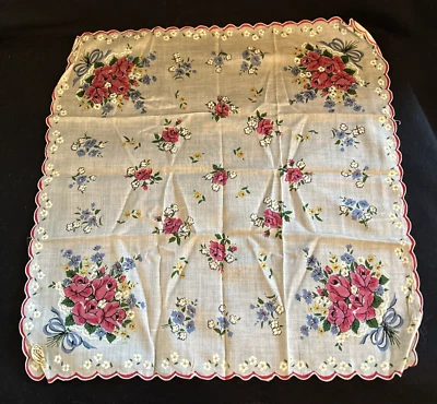 Винтажный Burmel носовой платок цветы белый зубчатый край стикер хрустящий розовый синий - Изображение 1 из 4