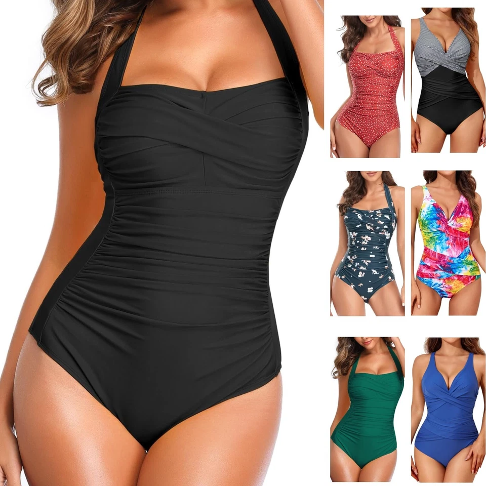 Womens Swimming Costume One Piece Tummy Control Ruched Modest Elegant - Image 1 of 1