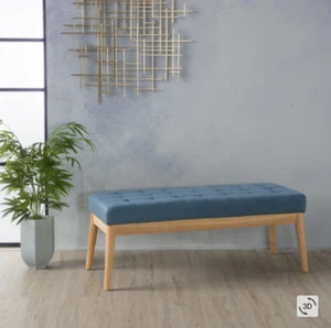 Ottoman Bench Tufted Upholstered Footrest Seat Stool Blue Fabric Polyester Birch - Picture 1 of 7