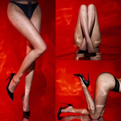 Medias retro sin costuras cintura alta pantimedias ultrafinas a lunares para mujer Foto 1 de 4