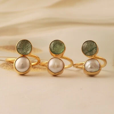 Anillo de 3 piezas ajustable de doble piedra enchapado en oro de cuarzo fresa con perla Foto 1 de 4