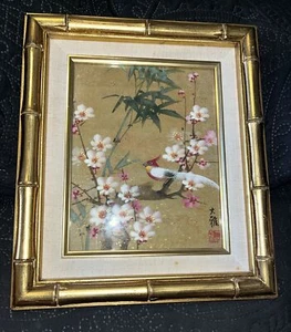Vintage~Chinese~Watercolor Painting~Flowers/Bird~Gold Faux Bamboo Framed~@12”x14 - Picture 1 of 9