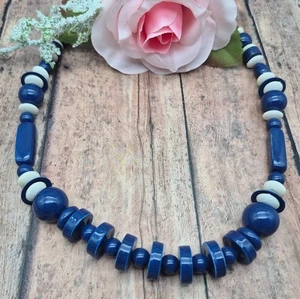 Vintage Retro Navy Blue Geometric Bead Strand Necklace 24" Rockabilly - Picture 1 of 9