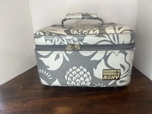 Vintage Roxy Makeup Bag Cosmetic Train Case 90s Travel Luggage Gray Floral - Picture 1 of 9