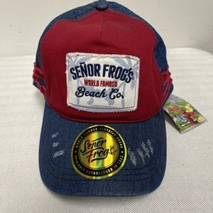 NEW Senor Frogs BEACH CO Adult Hat Cap red Blue Denim Adjustable Nassau Fun - Picture 1 of 8