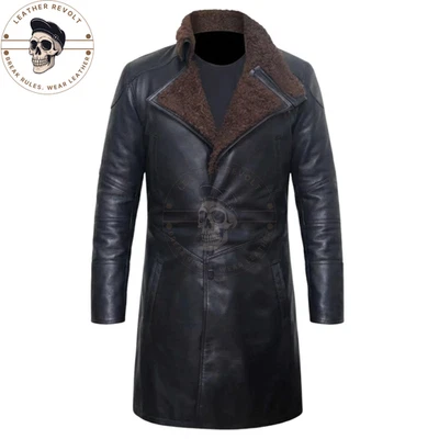 Men's Real Sheepskin Trench Coat Black Leather Shearling Fur Lined Belted Jacket - Image 1 of 4