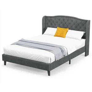 Full Upholstered Bed Base Bed Frame w/ High Density Sponge Padded Headboard Grey - Picture 1 of 8