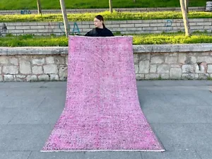 DISTRESSED PINK VINTAGE BOHO RUG HAND KNOTTED OUSHAK WOOL HANDMADE TURKISH RUG - Picture 1 of 13