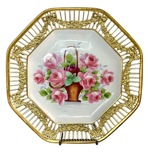Antique Max Roesler Dresden Pierced Octagonal Plate Fully HandPainted Gilt 19thC - Picture 1 of 23