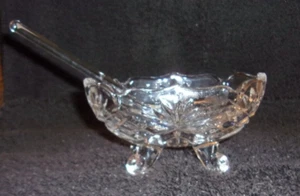 Vintage Footed Cut Glass Condiment Bowl/Boat With Glass Clamshell Spoon - Picture 1 of 10