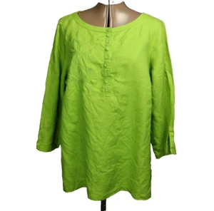 Lily Stanhope 100% Linen Floral Embroidered Tunic Top 3/4 Sleeve Henley Green 1X - Picture 1 of 23