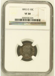 1892-O 10c Barber Dime - NGC VF30 - Better Date - Picture 1 of 2