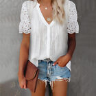 Womens V-Neck Lace Pleated Tunic Tops Ladies Summer Casual Loose Shirts Blouse