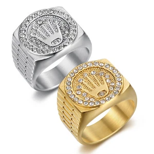 Iced Out Crown Ring Stainless Steel Men Hip Hop Club Gold / Silver Size 7-13 - Picture 1 of 9