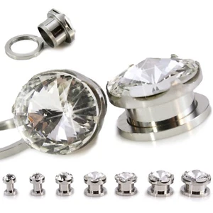 Prong Set CZ Screw Gem Plug Stainless Steel Gauges PAIR 4G 2G 0G 00G 11 12 14mm - Picture 1 of 3