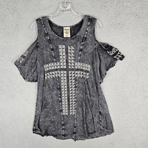 Top Vocal Donna XL Grigio Lavaggio Acido Impreziosito Perline Spalla Fredda Croce - Foto 1 di 7