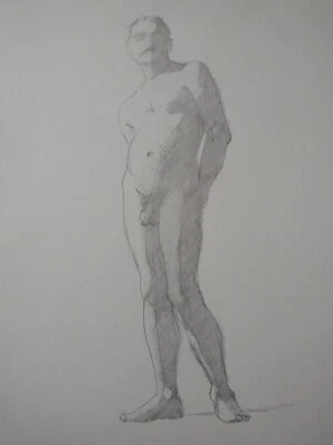 Hand drawn pencil drawing after Miguel Blay y Fabrega Standing Male nude 1891 - Image 1 of 4