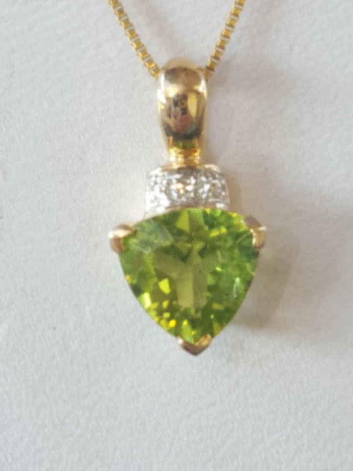 Peridot Labcreated Trillion Cut & Diamond Pendant 10kt Solid Yellow Gold - Image 1 of 4