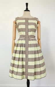 Vintage 1950s Dress Lemon Yellow Gold Brown Houndstooth Small UK 10 US 6 EU 3 - Picture 1 of 15