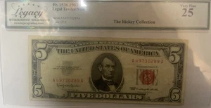 1963 $5 Five Dollar Vintage RED SEAL Old Bill Note (Circulated) Small Print ABE - Picture 1 of 11