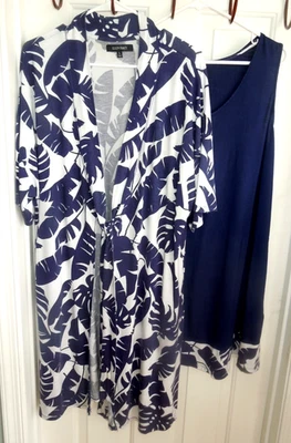 SUAVE CÓMODO AZUL OSCURO Y BLANCO ELLEN TRACY CAMISÓN BATA PEIGNOIR CONJUNTO TALLA GRANDE Foto 1 de 4