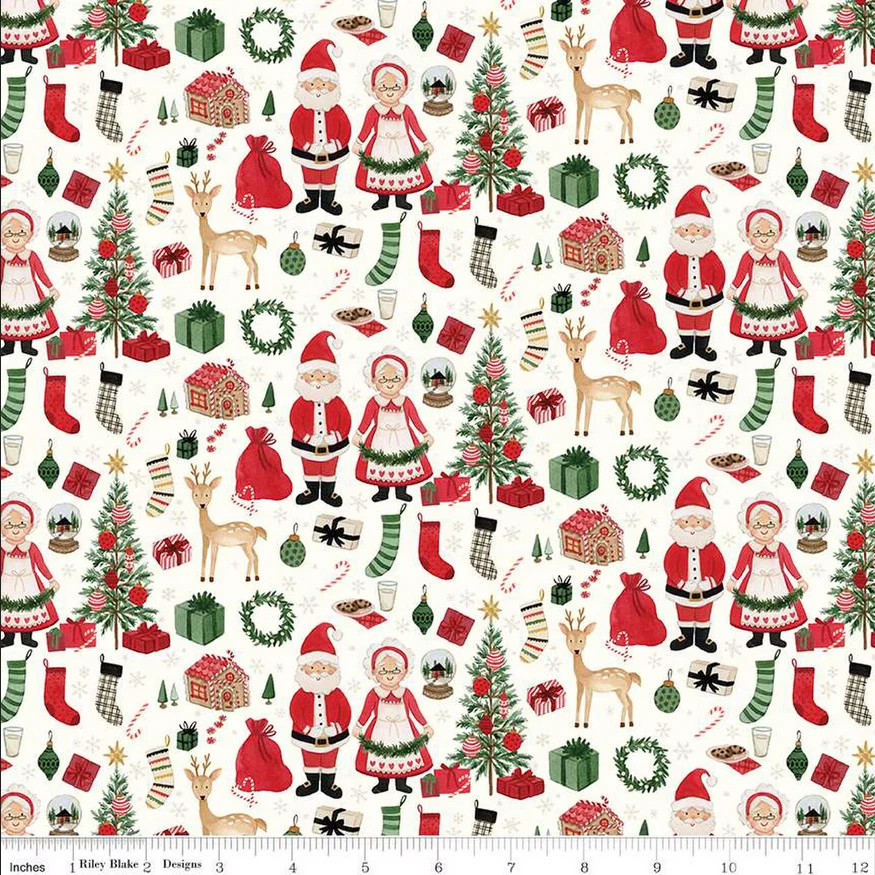 CHARMING CHRISTMAS BY RILEY BLAKE SANTA CLAUS & MRS CLAUS CREAM COTTON FABRIC HY - Image 1 of 1