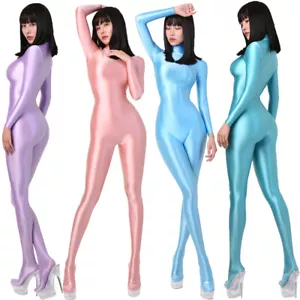 Damen Glitzer Satin Overalls Bodysuit Back Zipper Langarm Cosplay Tights Catsuit - Bild 1 von 26