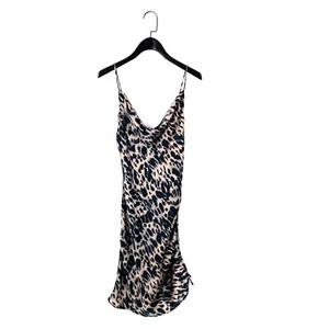 Topshop Black Brown Animal Print Cowl Neck Ruched Satin Slip Dress - Size 6 - Picture 1 of 12