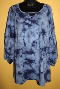 New York Laundry 1x Blue Tie Dye Top Criss Cross Neckline Puff Sleeves 3/4 - Picture 1 of 5