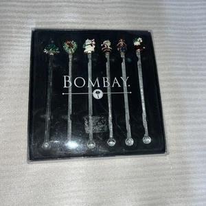 Bombay Set of 6 Xmas Glass cocktail Stirrers Gold Enamel - Picture 1 of 5