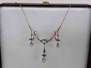 ANTIQUE Edwardian-era 9ct Gold AQUAMARINE & SEED PEARL LAVALIER NECKLACE 52 cm - Picture 1 of 17