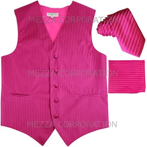 New Men's Tuxedo Vest Vertical Stripes 2.5" Skinny Necktie set party Hot Pink - Picture 1 of 4