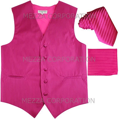 New Men's Tuxedo Vest Vertical Stripes 2.5" Skinny Necktie set party Hot Pink - Image 1 of 4