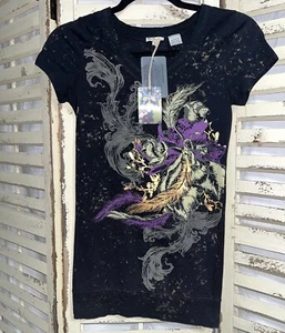 NWT~Miss Me~Girls~T-shirt~Black~Banded~V Neck~Raw Edge~Rhinestone/Stud~SS~XL - Picture 1 of 7