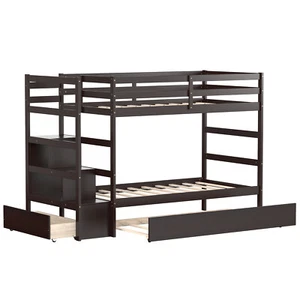Twin Over Twin Bunk Bed with Trundle Stairway and Storage Shelf Drawer Espresso - Picture 1 of 9