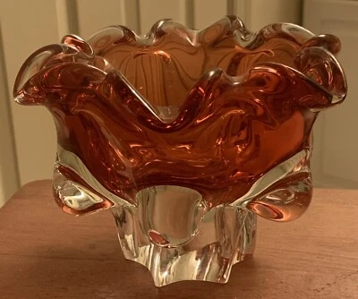 Josef Hospodka Chribska Bowl Hand Blown Cranberry Art Glass Czechoslovakia - Image 1 of 4