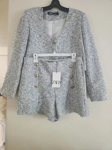 ZARA Set Gold Buttons Textured Blazer & Shorts Ecru/blue Sz M - Picture 1 of 22