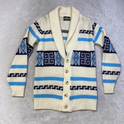 Cárdigan chal vintage para hombre pequeño patrón azteca tejido azul marfil Foto 1 de 4